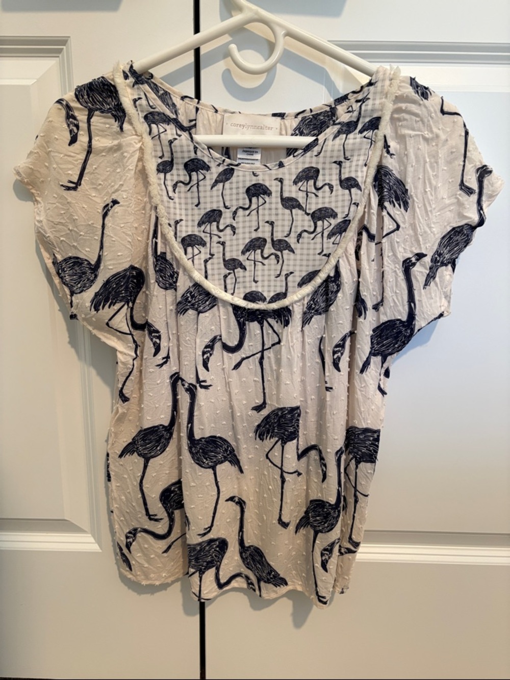 Corey Lynn Calter Cream Top with Navy Flamingo Print